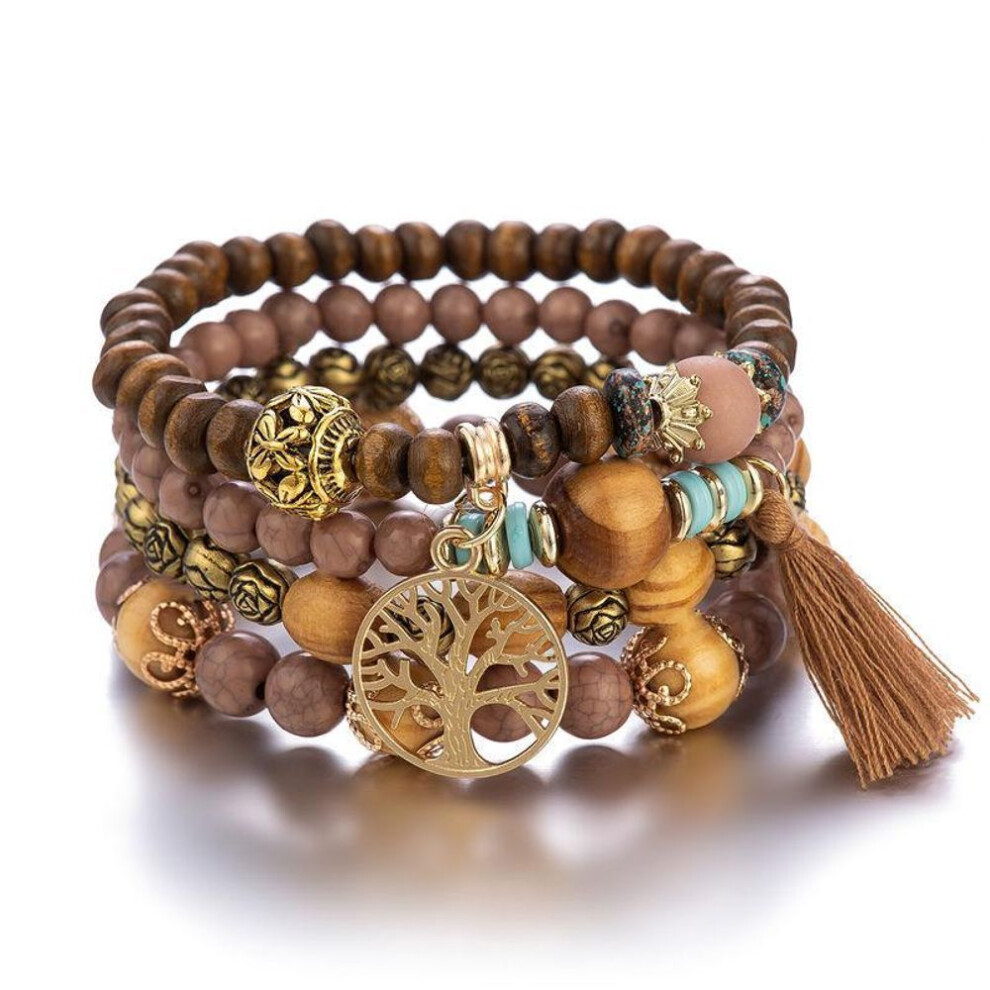 (Caramel color) Fashion Bohemian Layered Beaded Bracelets Elastic Ethnic Bracelets for Women Female Bangle Bracelet