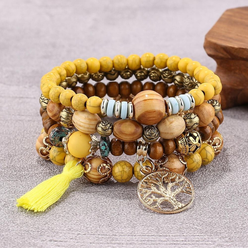 (Lemon yellow) Fashion Bohemian Layered Beaded Bracelets Elastic Ethnic Bracelets for Women Female Bangle Bracelet