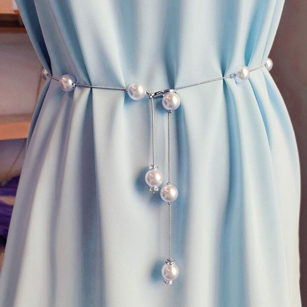 (silver) Pearl Women&apos;s Belt Thin Chain Belt For Ladies Dress Skinny Waistband Decorative