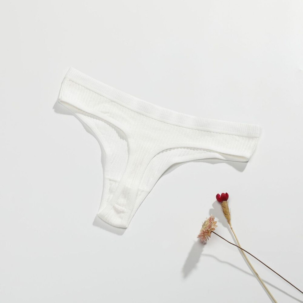 (white, L) Women&apos;s Low Waist Vertical Striped Cotton Panties Simple Comfortable Thong Four Seasons Wearable Underwear
