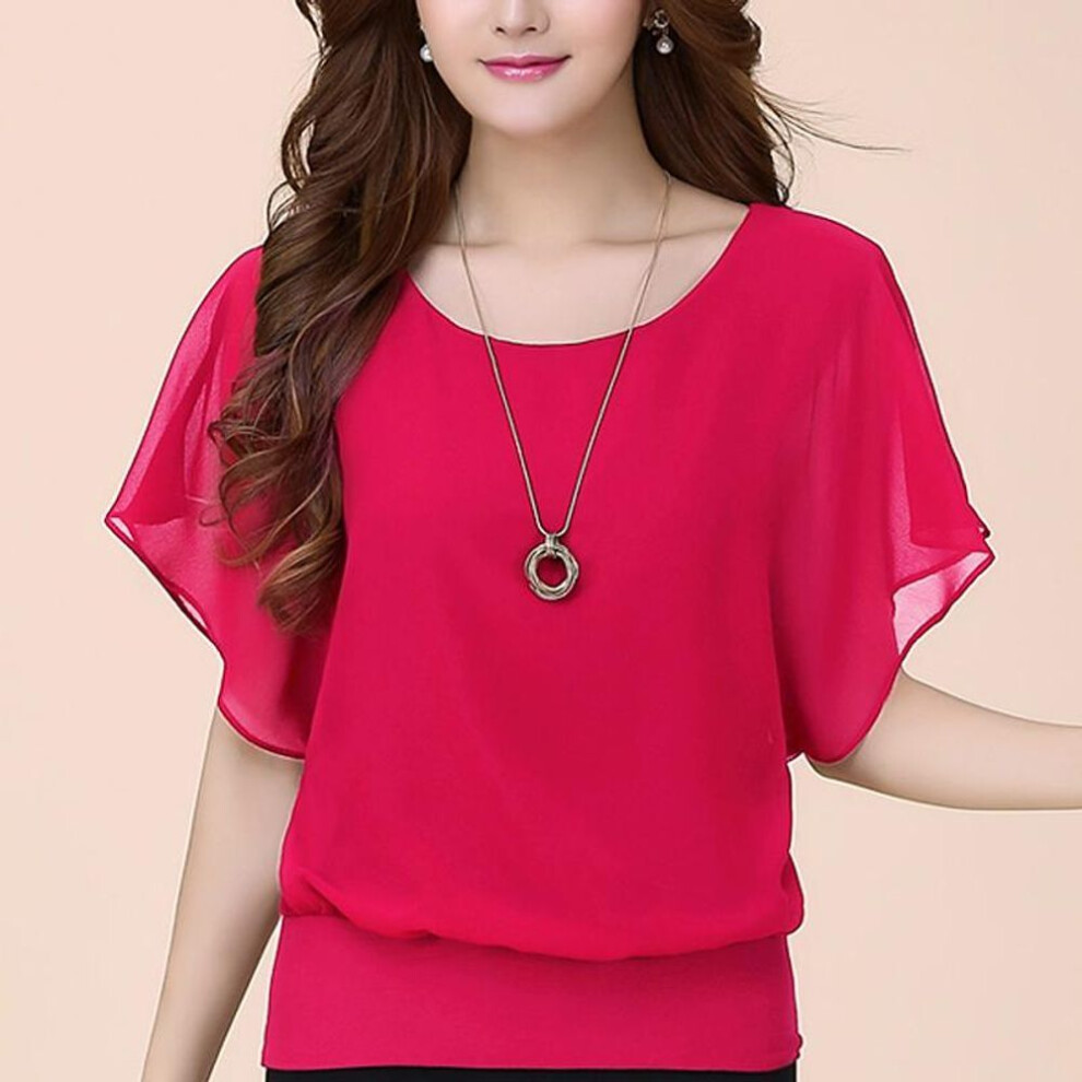 (wine red, M) Oversized Chiffon Women Fashion Round Neck Summer Short Sleeve Batwing Blouse Ladies Solid Color Causal Loose Tops Plus Size
