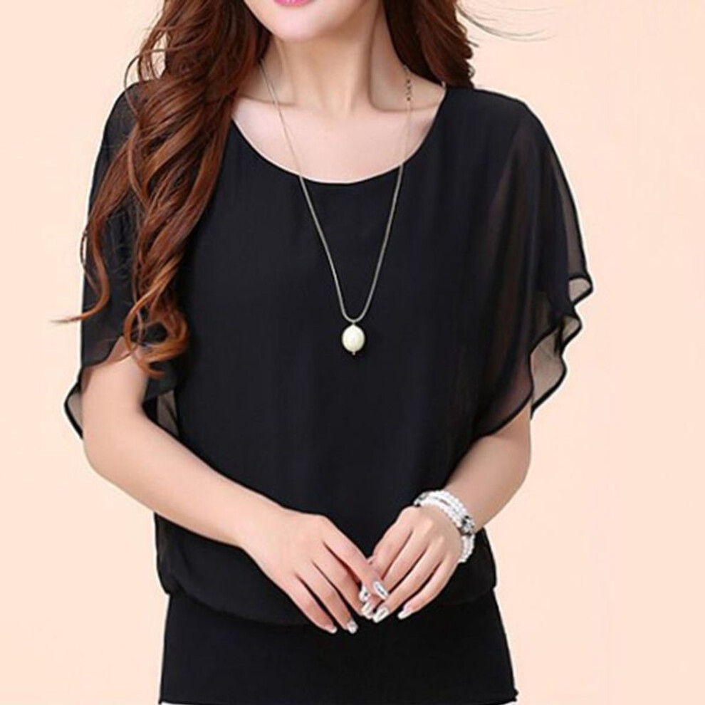 (black, S) Oversized Chiffon Women Fashion Round Neck Summer Short Sleeve Batwing Blouse Ladies Solid Color Causal Loose Tops Plus Size