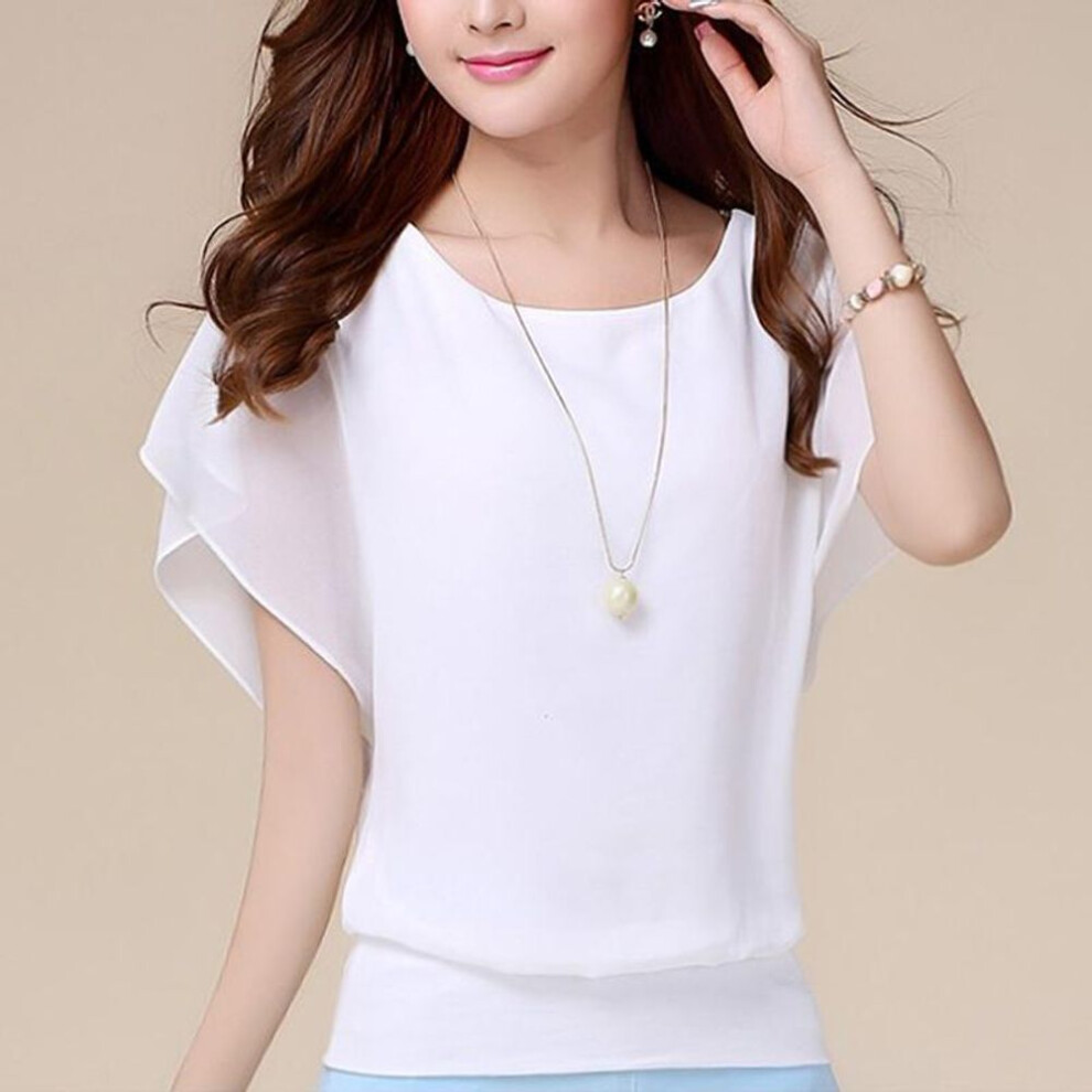 (white, XL) Oversized Chiffon Women Fashion Round Neck Summer Short Sleeve Batwing Blouse Ladies Solid Color Causal Loose Tops Plus Size