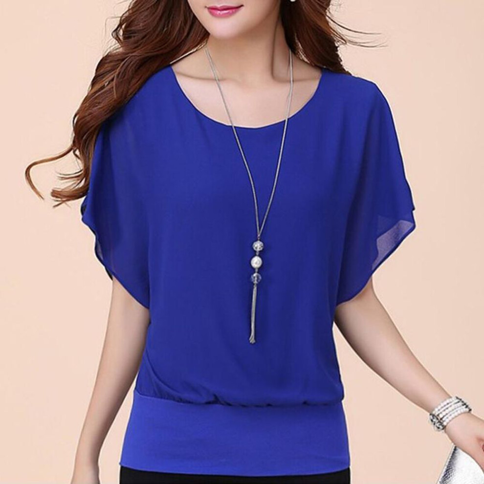 (blue, 3XL) Oversized Chiffon Women Fashion Round Neck Summer Short Sleeve Batwing Blouse Ladies Solid Color Causal Loose Tops Plus Size