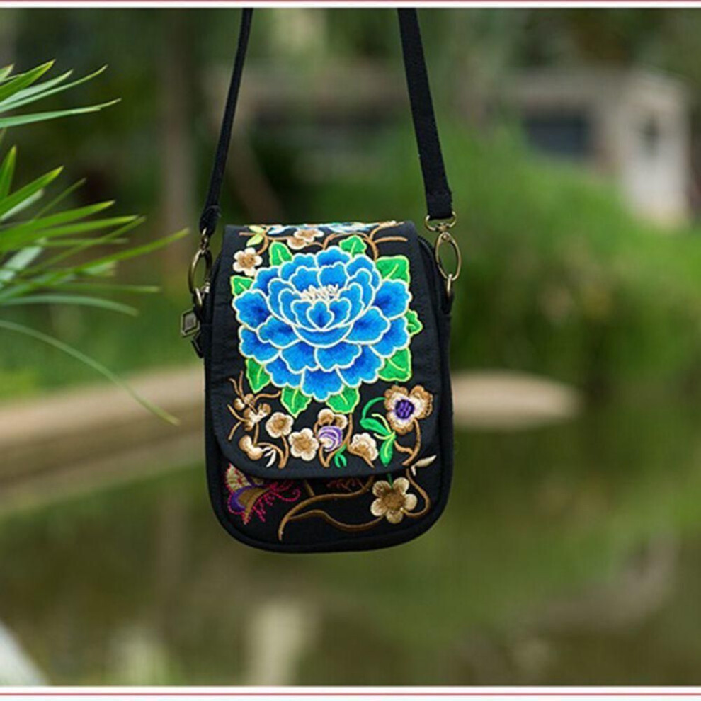 (blue) Fashion Travel Phone Purse National Canvas Shoulder Small Vintage Boho Ethnic Embroidery Bag For Women Travel Pouch Floral