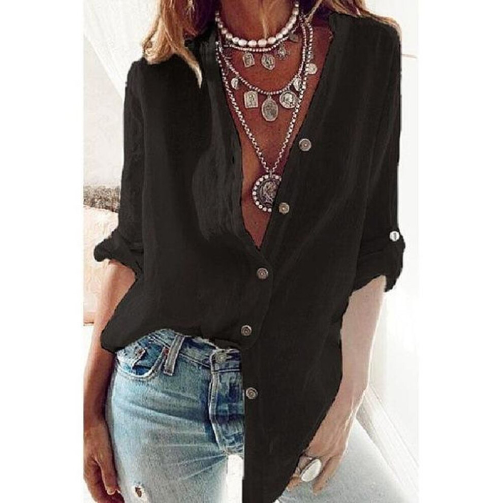 (black, M) Women's Cotton Linen Roll-Up Sleeve Shirt