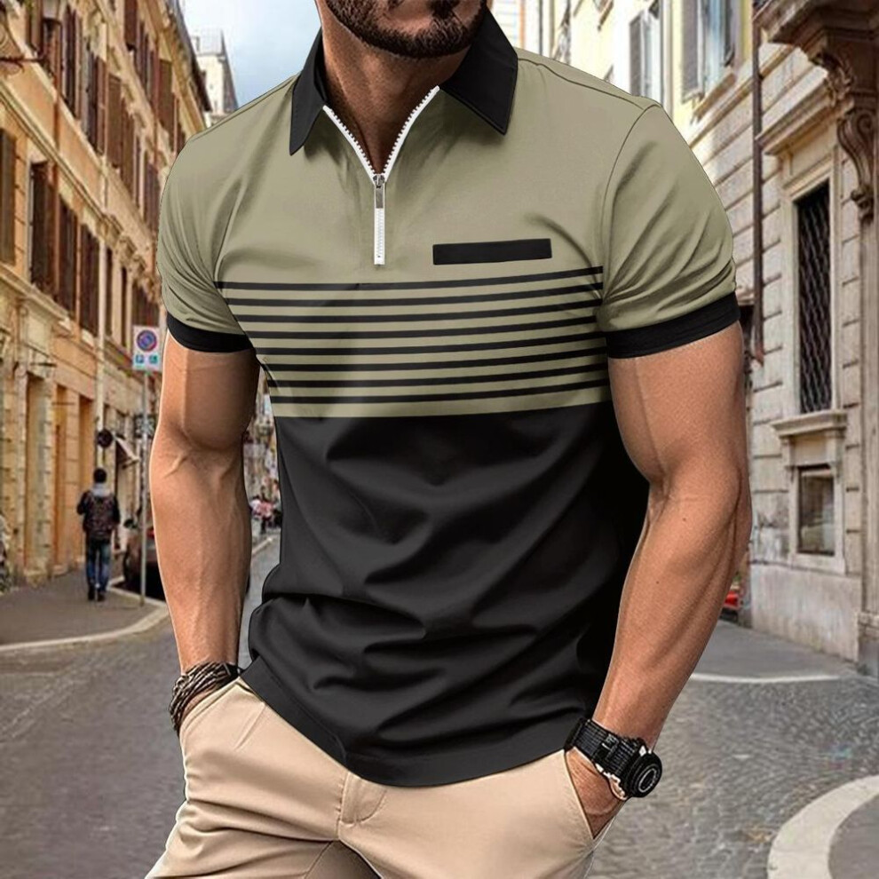 (khaki, XXXL) European Size Summer Polo Shirts Zipper Men&apos;s Short Sleeve Top Lapel Patchwork Striped Printed Polo Shirt Plus Size