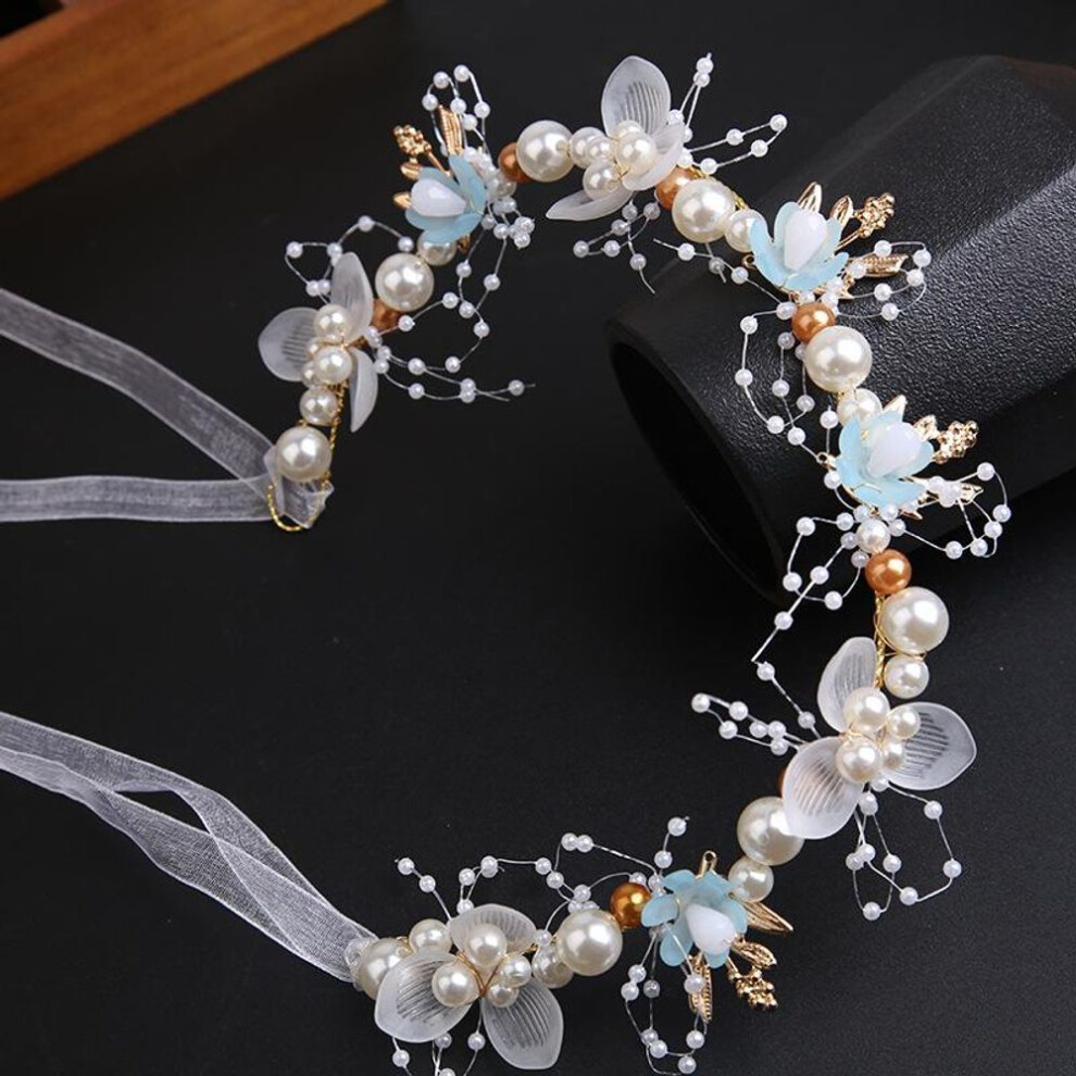 (blue) Elegant Girls Bridal Headband Imitated Pearl Hair Headdress Flower Wreath Bride Garland Head Hoop Wedding Headbands Hair Jewelry