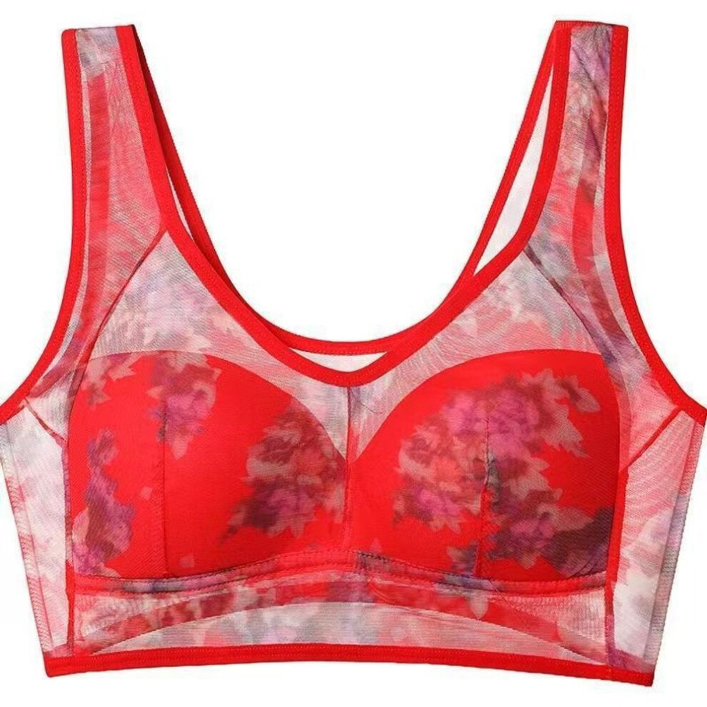 (red, 4L) Plus Size Bra For Women Seamless Underwear Push Up Wireless Brassiere Flower Transparent Lingerie Full Cup Thin Cup Bras Sexy Bralette