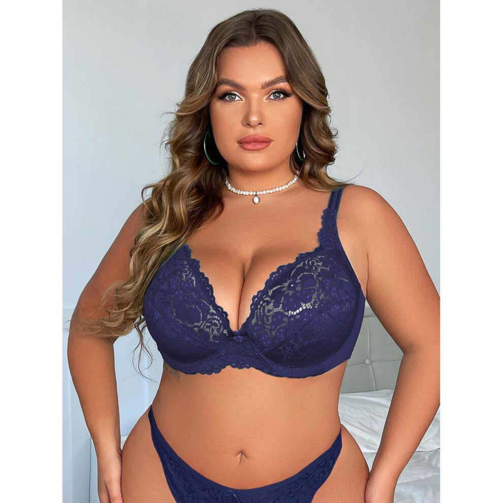 (blue, 80E) Lace Hollow Out Breathable Bras, Plus Size Ultra-Thin