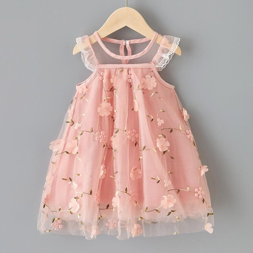 (pink, M/100) Toddler Baby Girls Tulle Dresses Outfits Floral Cute Ruffle Princess Wedding Birthday Dress Short Sleeve Party Sundress Kids Outfit 1-6t