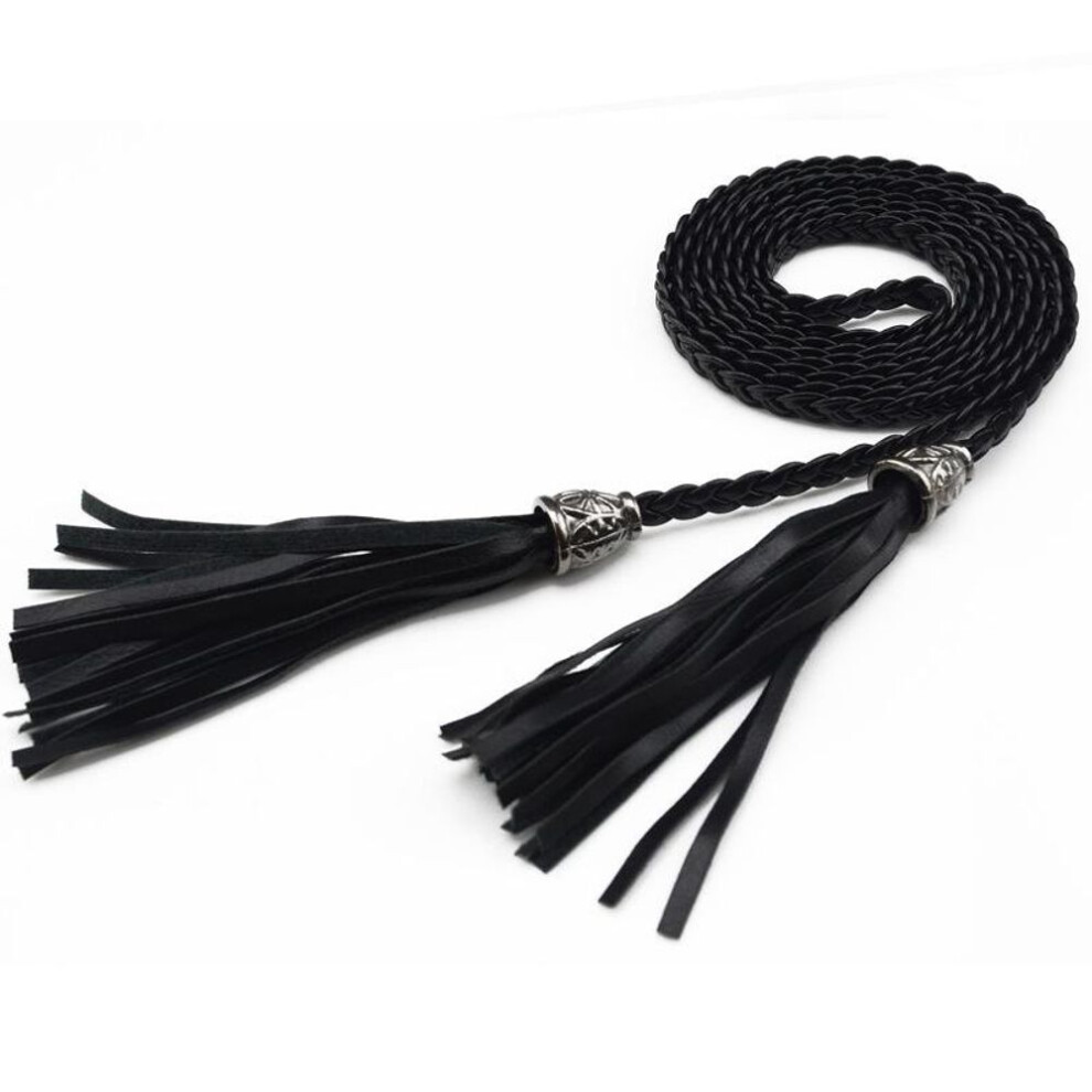 (black) FAITOLAGI Women Girl Weaving Leather Belt Tassel waistband Female All-match Waist belt for Dress