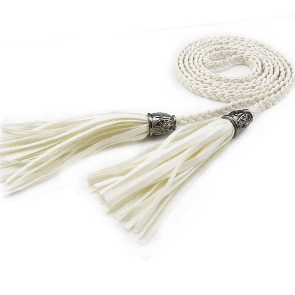 (white) Faitolagi Women Girl Weaving Leather Belt Tassel Waistband Female All-match Waist Belt For Dress