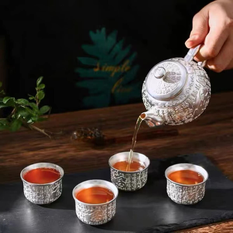 Baifu 999 sterling silver tea set, traditional Chinese craft kung fu tea set, equipped with four tea cups, can be used for afternoon tea or coffee