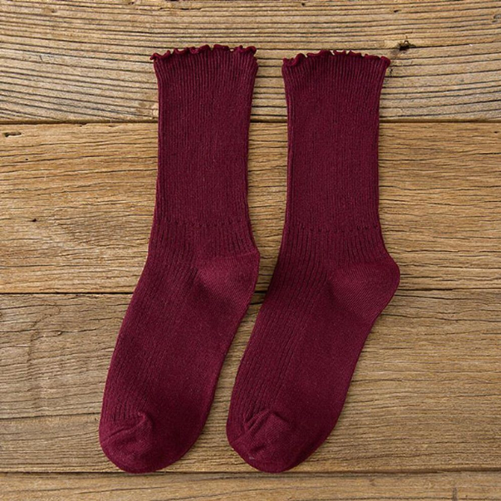 (wine red) Solid Hosiery Mid Calf Length Socks Comfortable Cotton Autumn Ankle High Pile Of Socks Women Socks