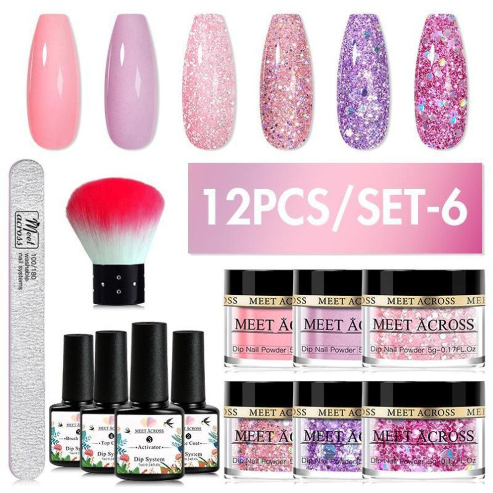 (12Pcs/set-6) Meet Across 8pcs/12pcs/16pcs Dipping System Nail Kit Dipping Nail Powder With Base Activator Liquid Gel Nail Color Natural Dry