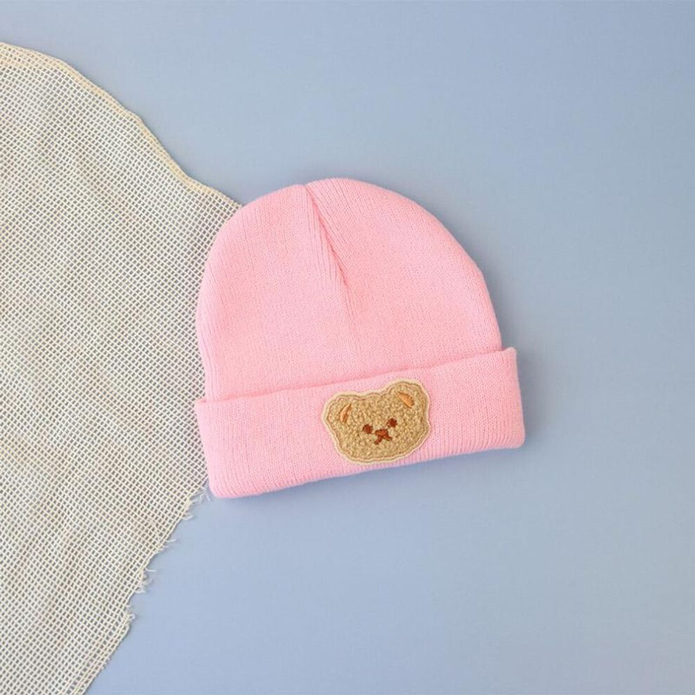 (pink) Korean Cartoon Bear Baby Hat Winter Warm Knitted Newborn Boys Girls Cap Beanies Soft Infant Toddler Hat Kids Caps Bonnet