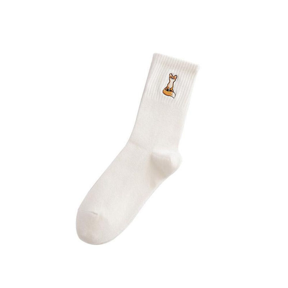 (white) Cute Fox Embroidery Thick Middle Tube Socks Cotton Breathable Solid Color Women Socks Autumn Winter Cartoon Socks Sokken Girls