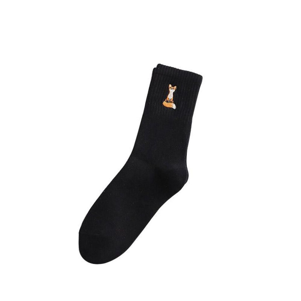 (black) Cute Fox Embroidery Thick Middle Tube Socks Cotton Breathable Solid Color Women Socks Autumn Winter Cartoon Socks Sokken Girls
