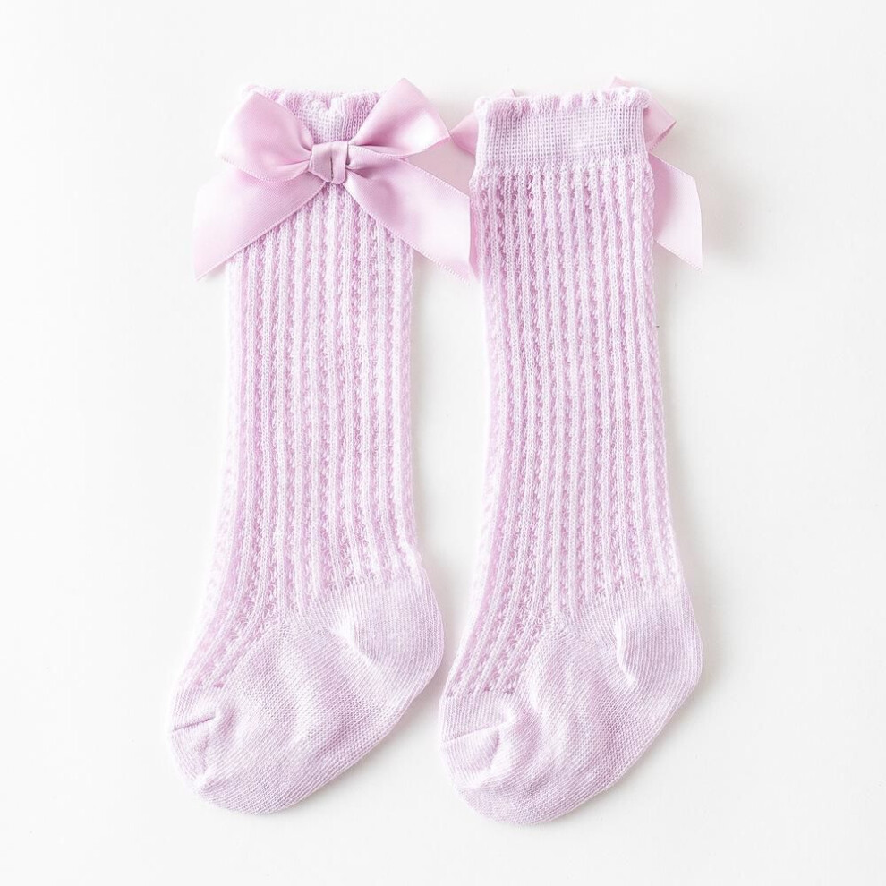 (purple, 0-12 months) Summer Baby Girl Socks Cute Big Bows Soft Cotton Elastic Solid Color Mesh Newborn Socks Knee High Long Toddler Girl Socks