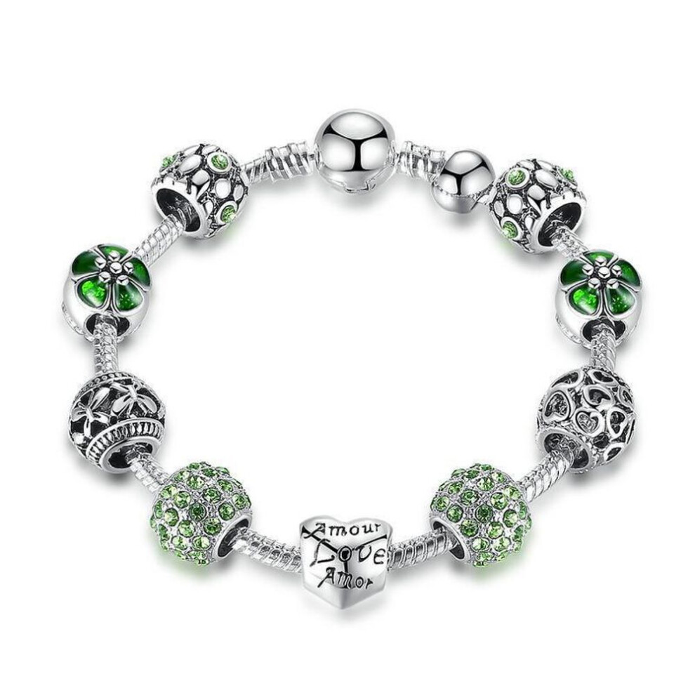 (green, 20cm) Antique Charm Bracelet & Bangle With Love And Flower Beads Women Wedding Jewelry