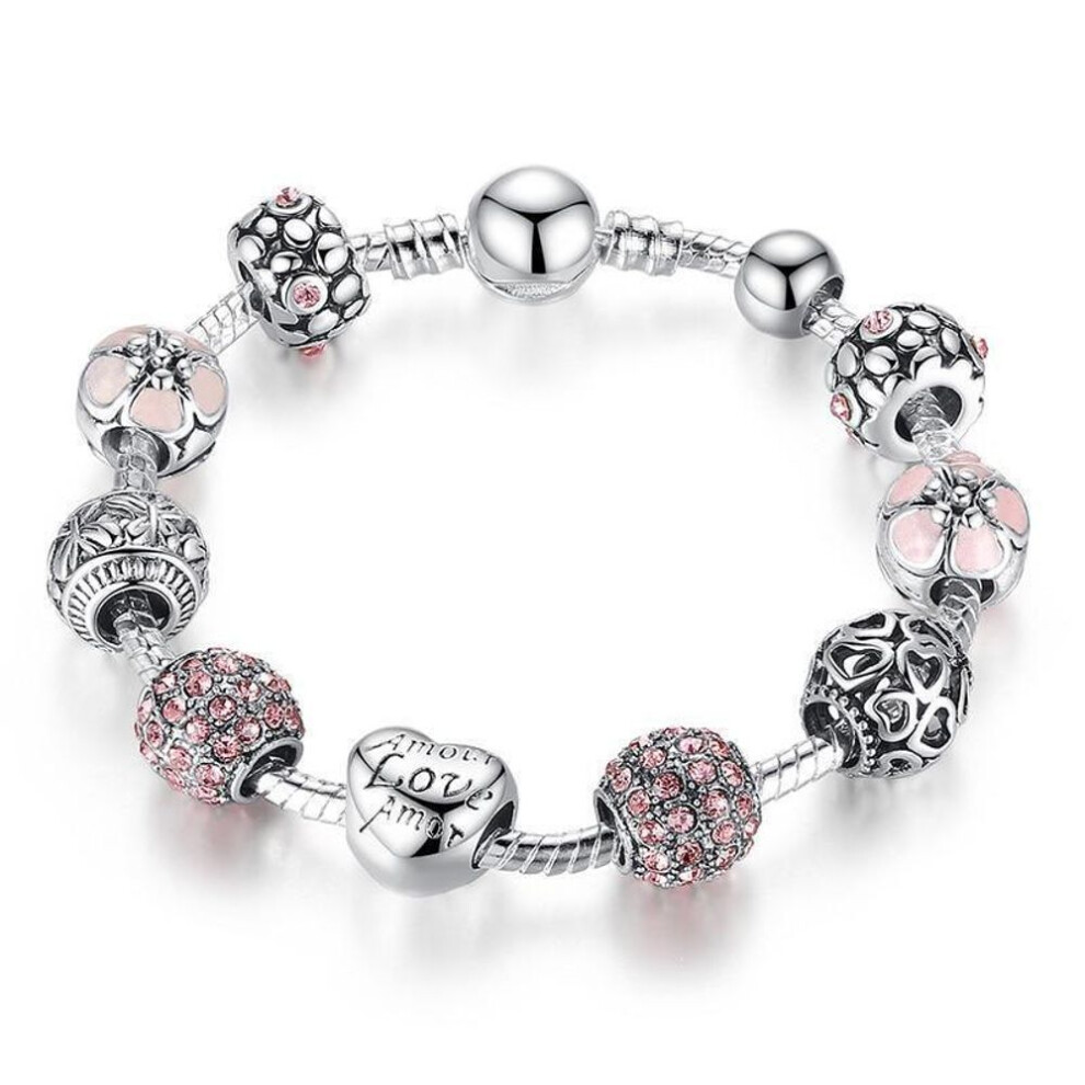 (pink, 18cm) Antique Charm Bracelet & Bangle with Love and Flower Beads Women Wedding Jewelry
