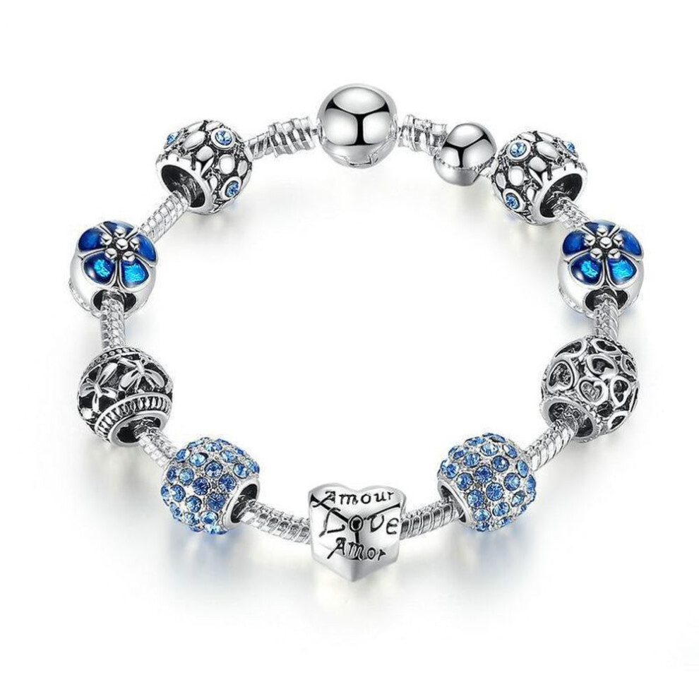 (blue, 19cm) Antique Charm Bracelet & Bangle With Love And Flower Beads Women Wedding Jewelry