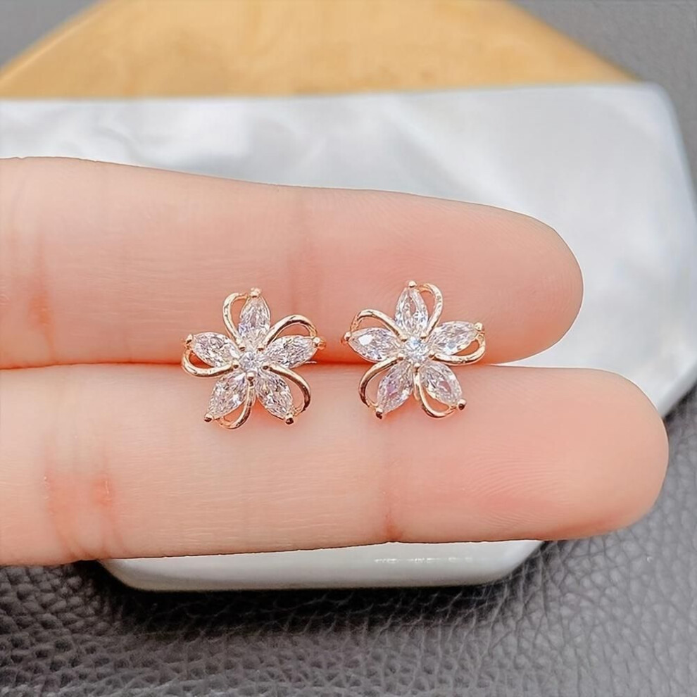 (rose gold) Exquisite Flower Design With Shiny Zircon Decor Stud Earrings Sexy Cute Style Copper Jewelry For Women