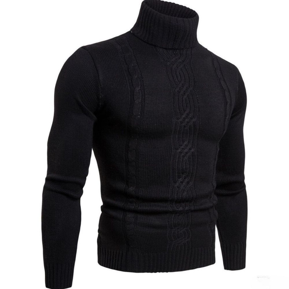 (black, XL) Mens Knitting Sweaters Casual Braid Double Collar Tops Winter Man High Neck Thick Warm Pullover