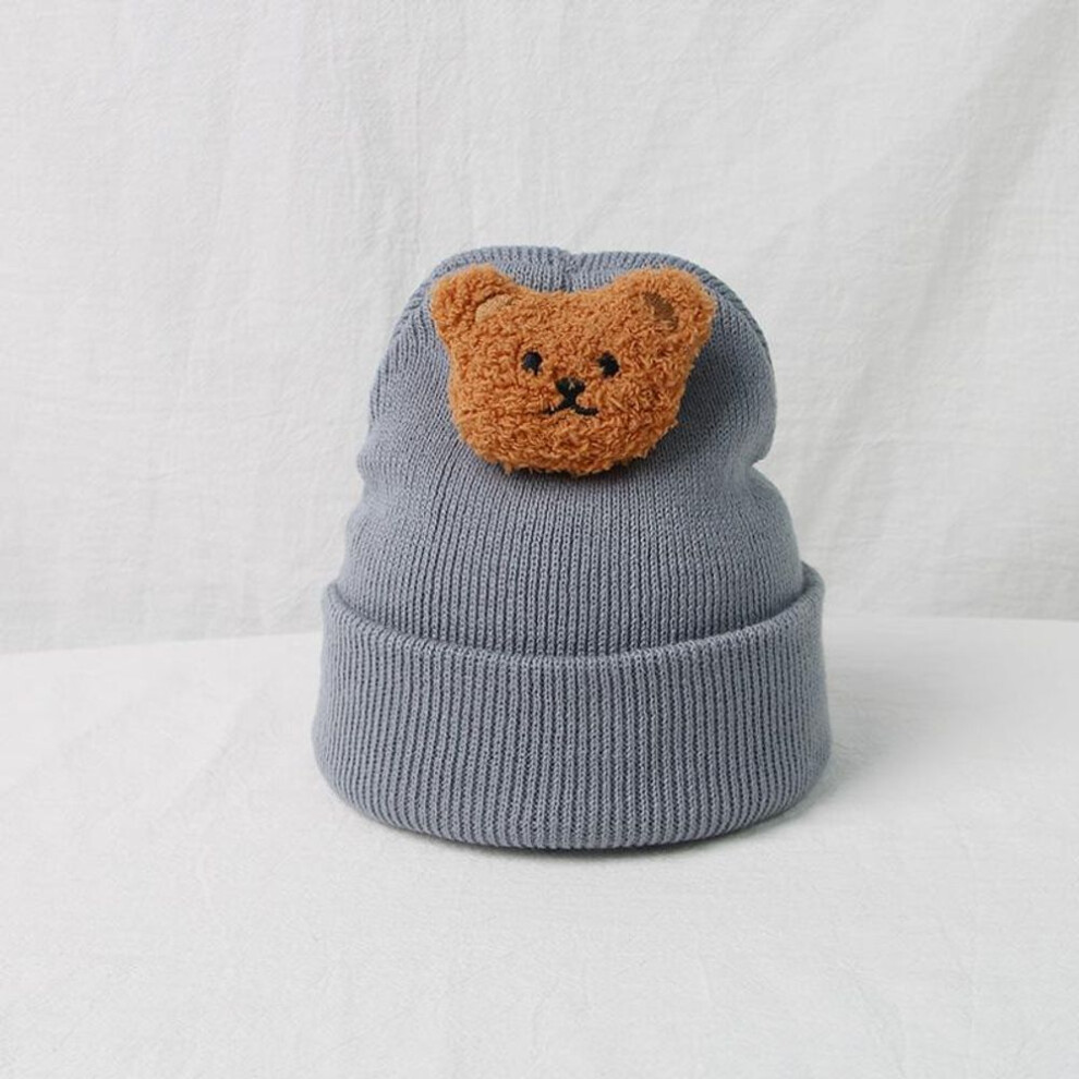 (grey) Korean Baby Autumn Winter Hat Cute Bear Knitted Warm Newborn Cap Infant Beanie Solid Color Baby Girl Boy Soft Crochet Hats