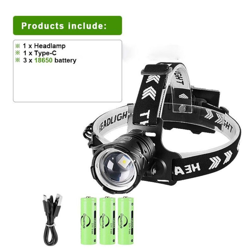 (B-3*18650, Type-C) 10000lm Most Powerful Headlamp 18650 Rechargeable High Power Led Headlight Fishing Head Flashlight Lighting 12 Hours Super Bright Head Lantern