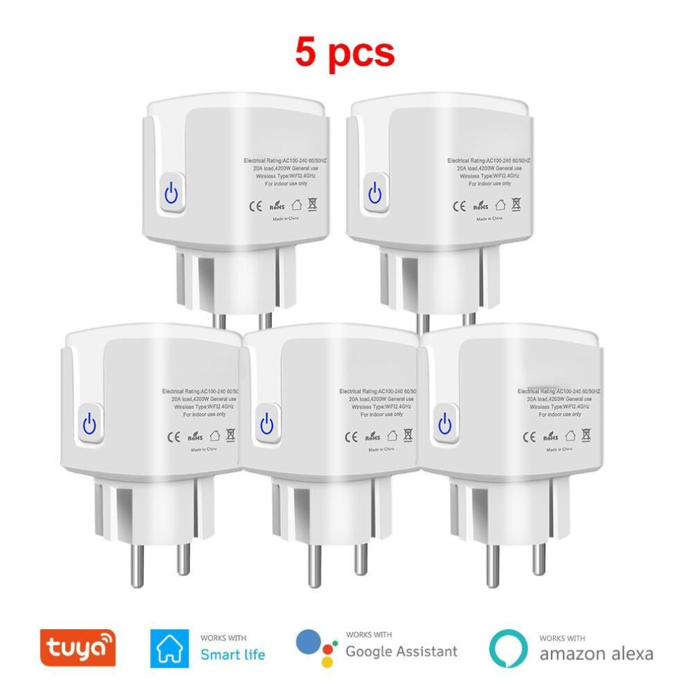 (as the picture, 5 Pcs) Tuya Smart Wifi Plug 20A EU Smart Socket Outlet with Power Monitor Timer Function 4200W Compatible with Alexa Google Home