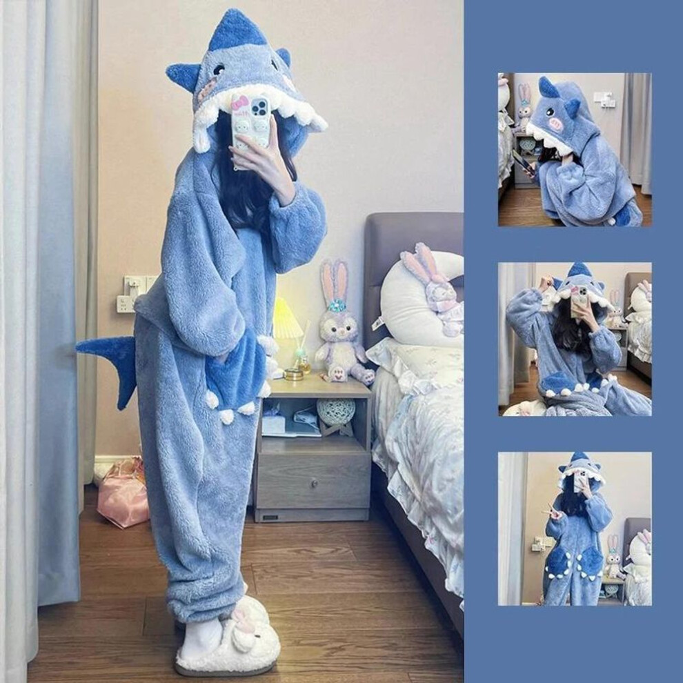 (blue, S) Cartoon Cute Shark Women&apos;s  Hooded Sleepwear Pijama Jumpsuit Female Set Cute  Christmas Party Loungewear