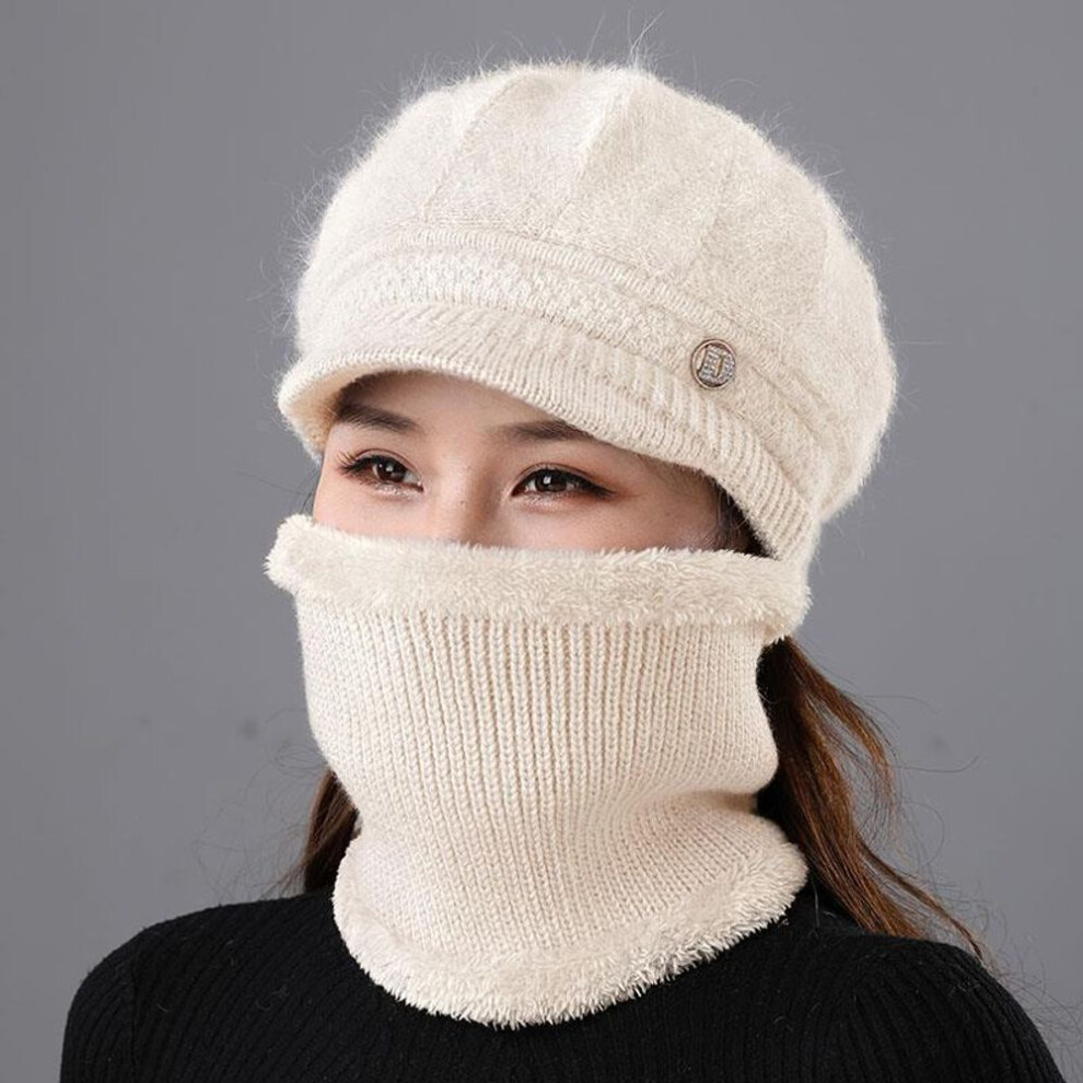 (beige, Set of Hat [Hat + Scarf) Women's Warm Knitted Winter Hat Warm Hat with Padded Fleece Lining and Ear Protection with Sun Visor Brim