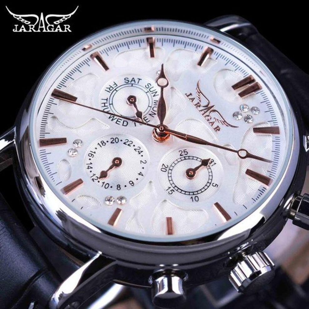(white,gold) Jaragar Brand Men Automatic Self Wind Mechanical Watch White 3 Dials Calendar Blue Hands Simple Business Leather Band Wristwatch