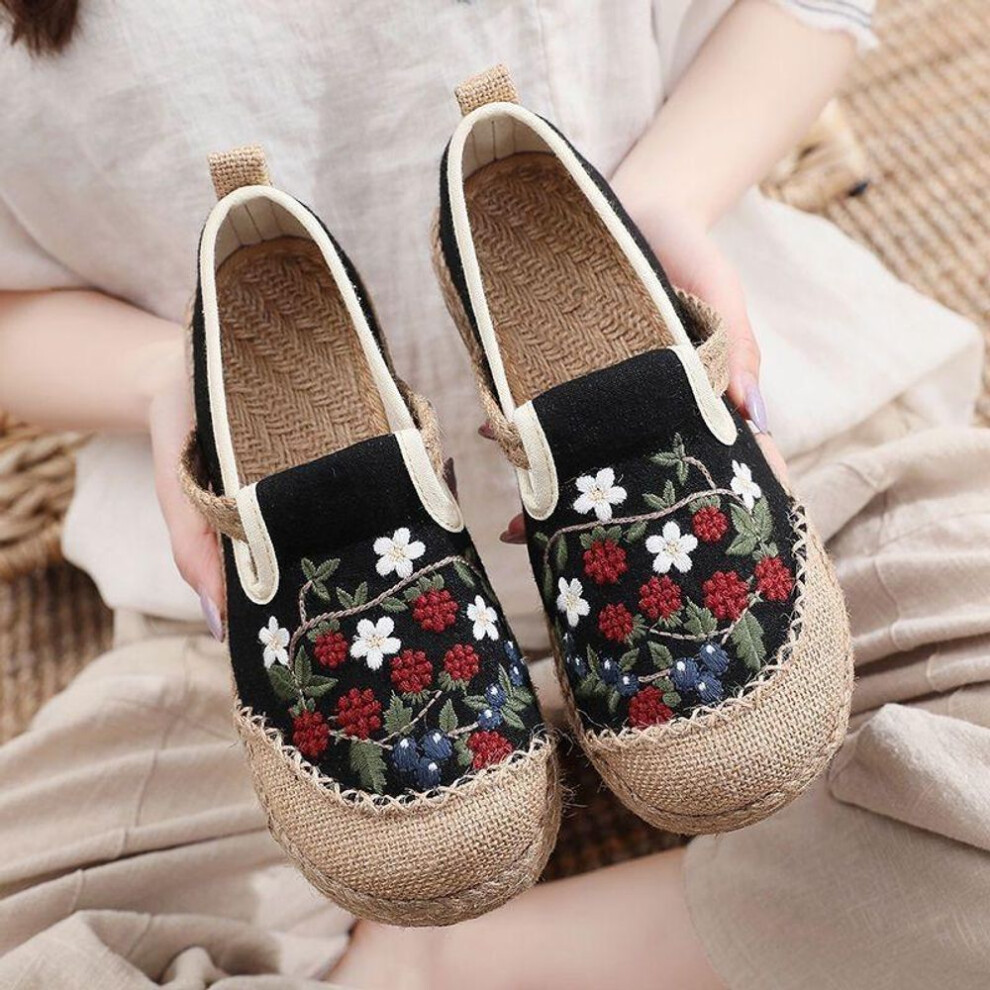 (black, 38) Ethnic Women Shoes Flat Slip On Shoes For Women Breathable Canvas Linen Sole Drive Walk Casual Shoes Loafers