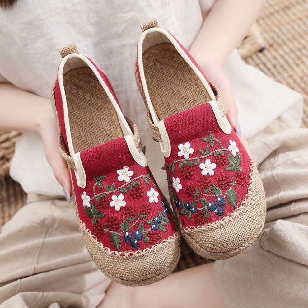(red, 35) Ethnic Women Shoes Flat Slip on Shoes for Women Breathable Canvas Linen Sole Drive Walk Casual Shoes Loafers