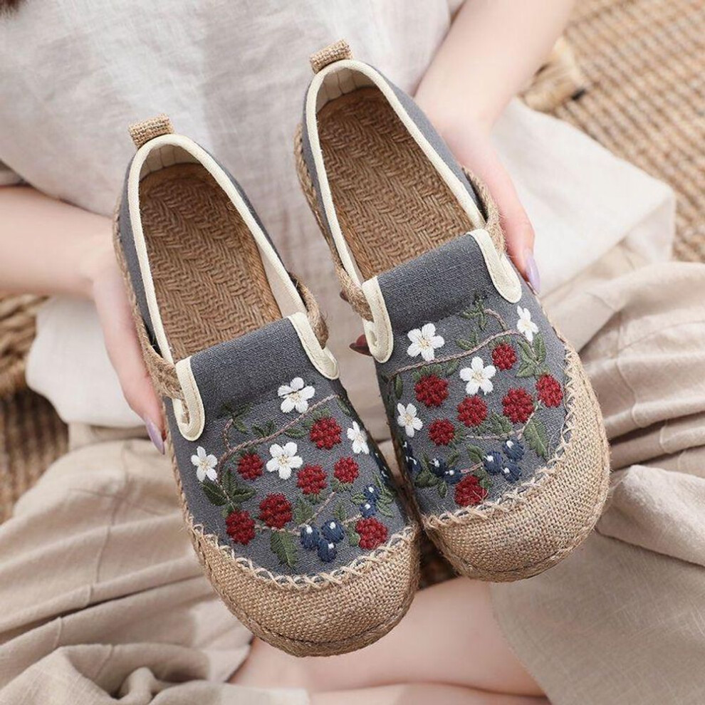 (grey, 37) Ethnic Women Shoes Flat Slip on Shoes for Women Breathable Canvas Linen Sole Drive Walk Casual Shoes Loafers