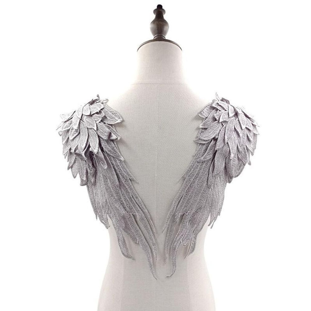 (grey) 2pcs/set Embroidery Angel Wing Applique Sewing Flower Collar Patch For Wedding Party Gown Bridal Dress Clothes Diy Crafts