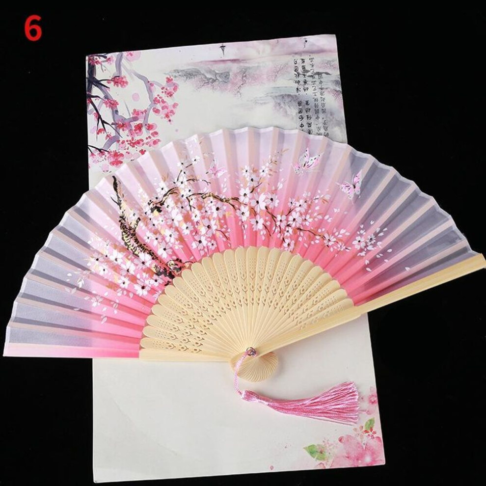 (6) Silk Folding Fan with Tassel for Dance and Home Decor