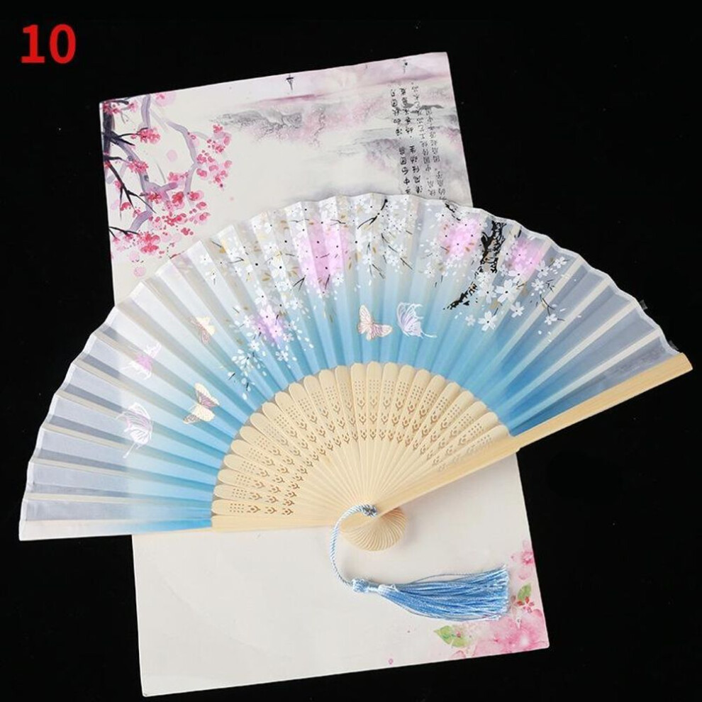 (10) Silk Folding Fan with Tassel for Dance and Home Decor