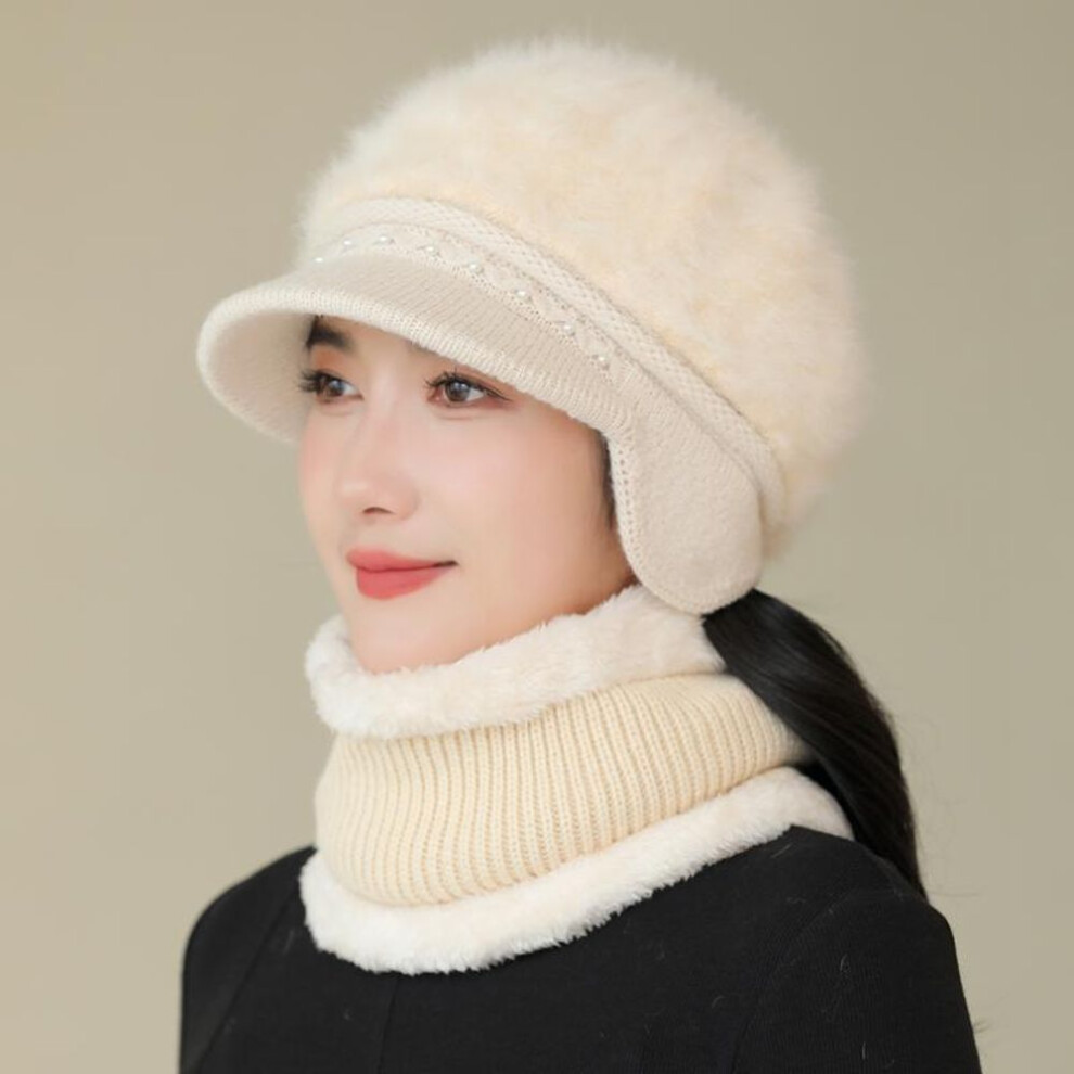 (beige, 55cm-60cm) New Women Winter Hat Keep Warm Cap & Scarf Knit Suit Fashion Rabbit Fur Hat For Women Casual Flower Knitted Hat