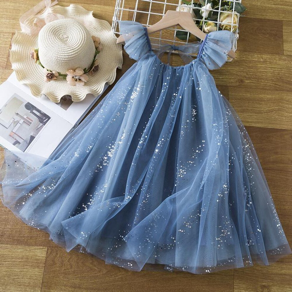 (blue, 5-6 Years) Summer Girls Suspender Princess Dress Ruffles Kids Holiday Sequin Tutu Birthday Party Elegant Girls Dress 3-8y