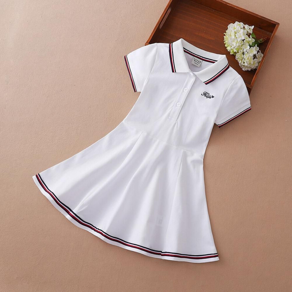 (white, 120) Kids Girls Sport Dresses Turn-down Collar Summer Short Sleeve Cotton Clothing Tennis Golf Sportwear For Children
