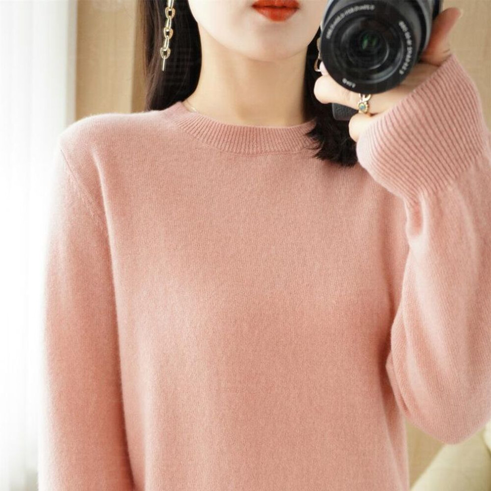 (light pink, M) Autumn And Winter New Round Neck Sweaters Women&apos;s Pullover Knitwear Solid Color Long Sleeve Women&apos;s Thin Underlay Short Underlay