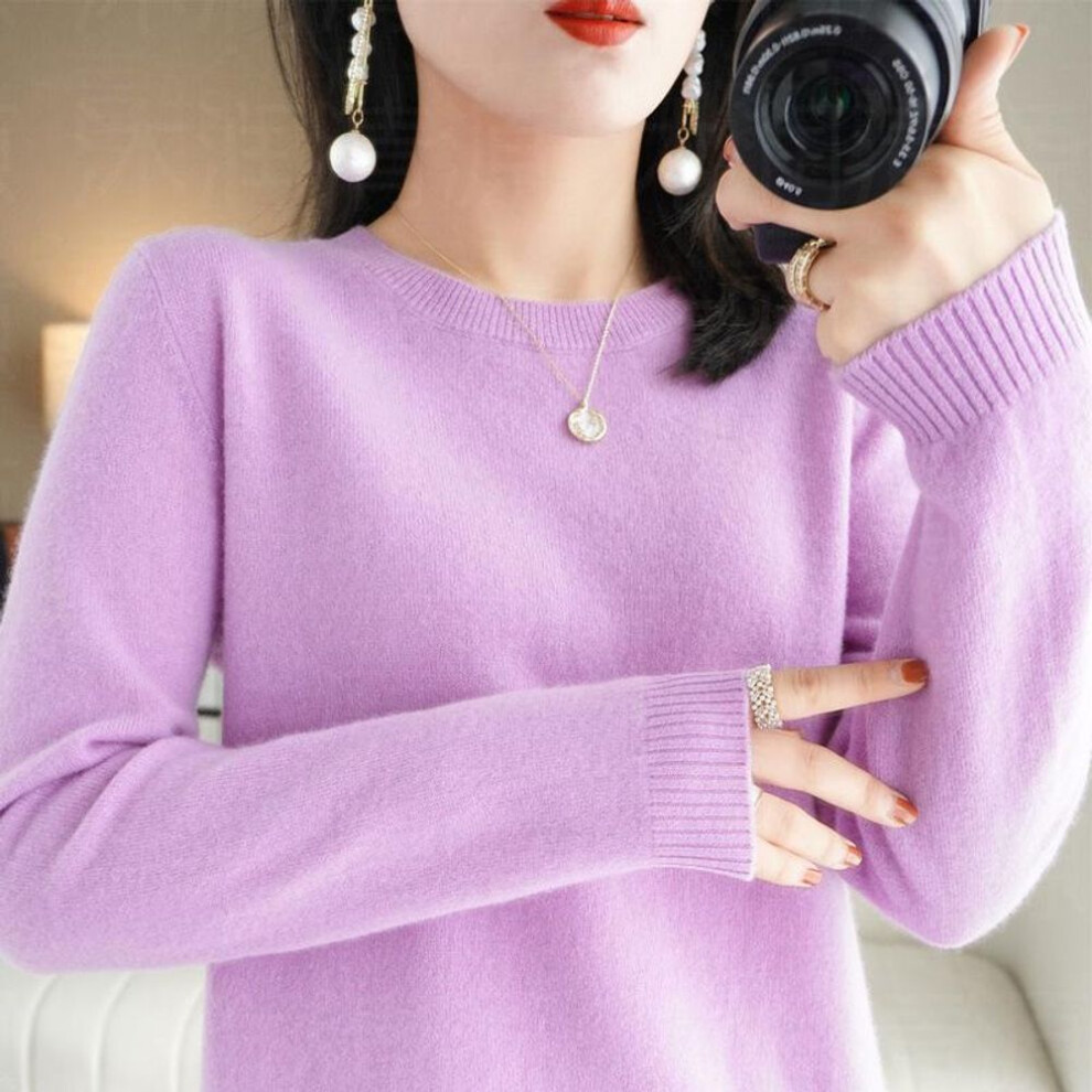 (light purple, M) Autumn and Winter New Round Neck Sweaters Women&apos;s Pullover Knitwear Solid Color Long Sleeve Women&apos;s Thin Underlay Short Underlay