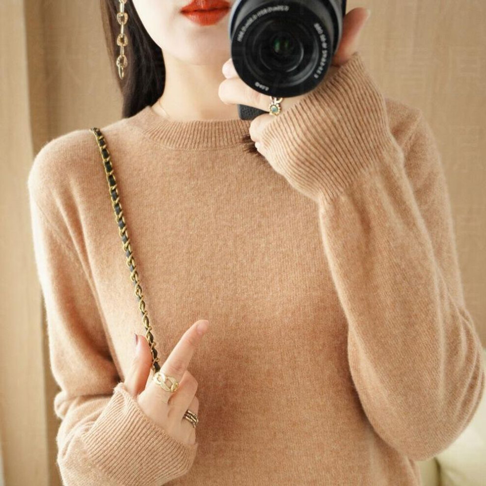(brown, L) Autumn and Winter New Round Neck Sweaters Women&apos;s Pullover Knitwear Solid Color Long Sleeve Women&apos;s Thin Underlay Short Underlay