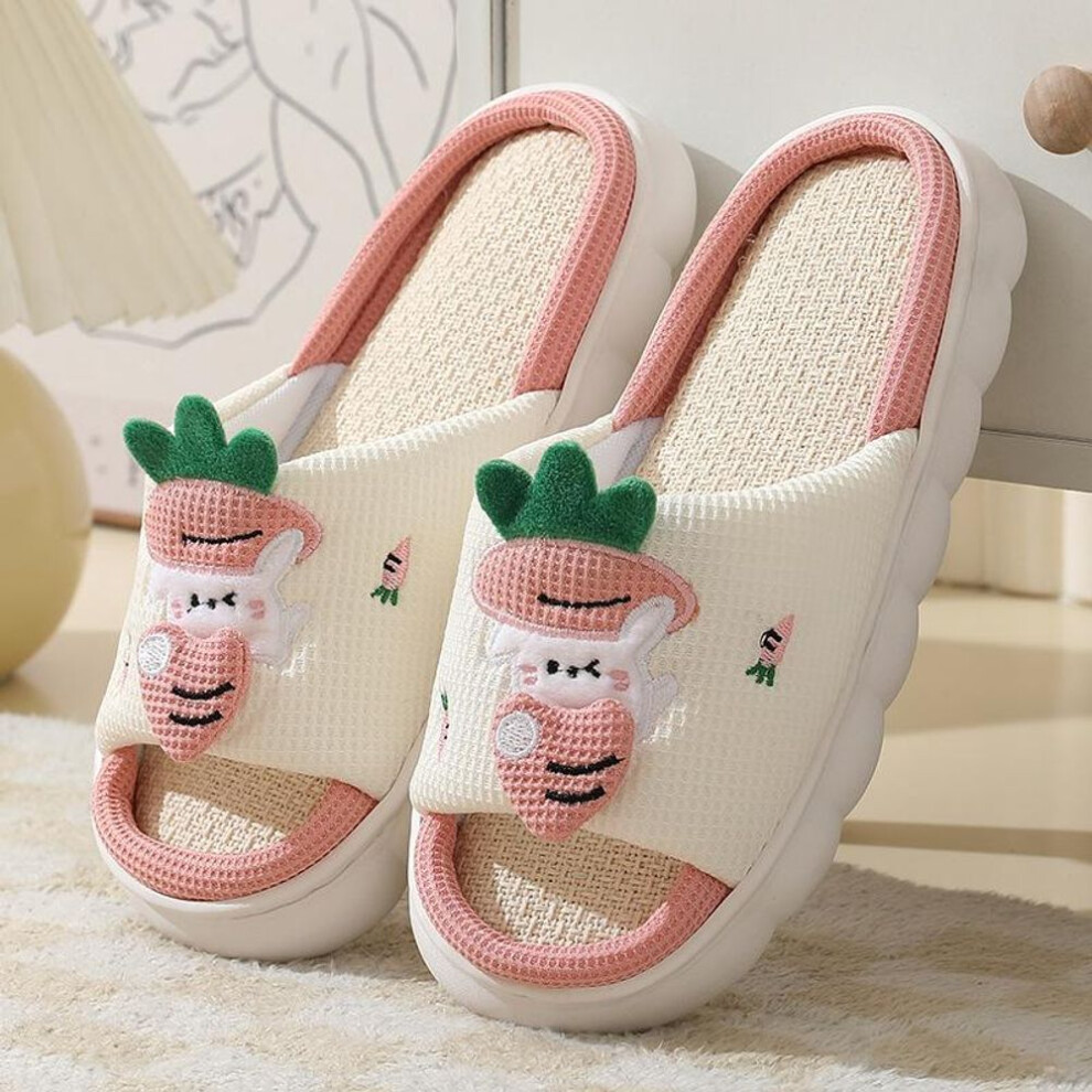 (pink, 43-44) Spring/ Autumn Lovely Frog Home Linen Slippers For Men And Women Couples Non Slip Thick Sole Cool Slippers For Indoor Use