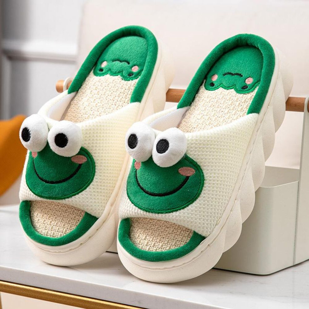 (green, 35-36) Spring/ Autumn Lovely Frog Home Linen Slippers For Men And Women Couples Non Slip Thick Sole Cool Slippers For Indoor Use