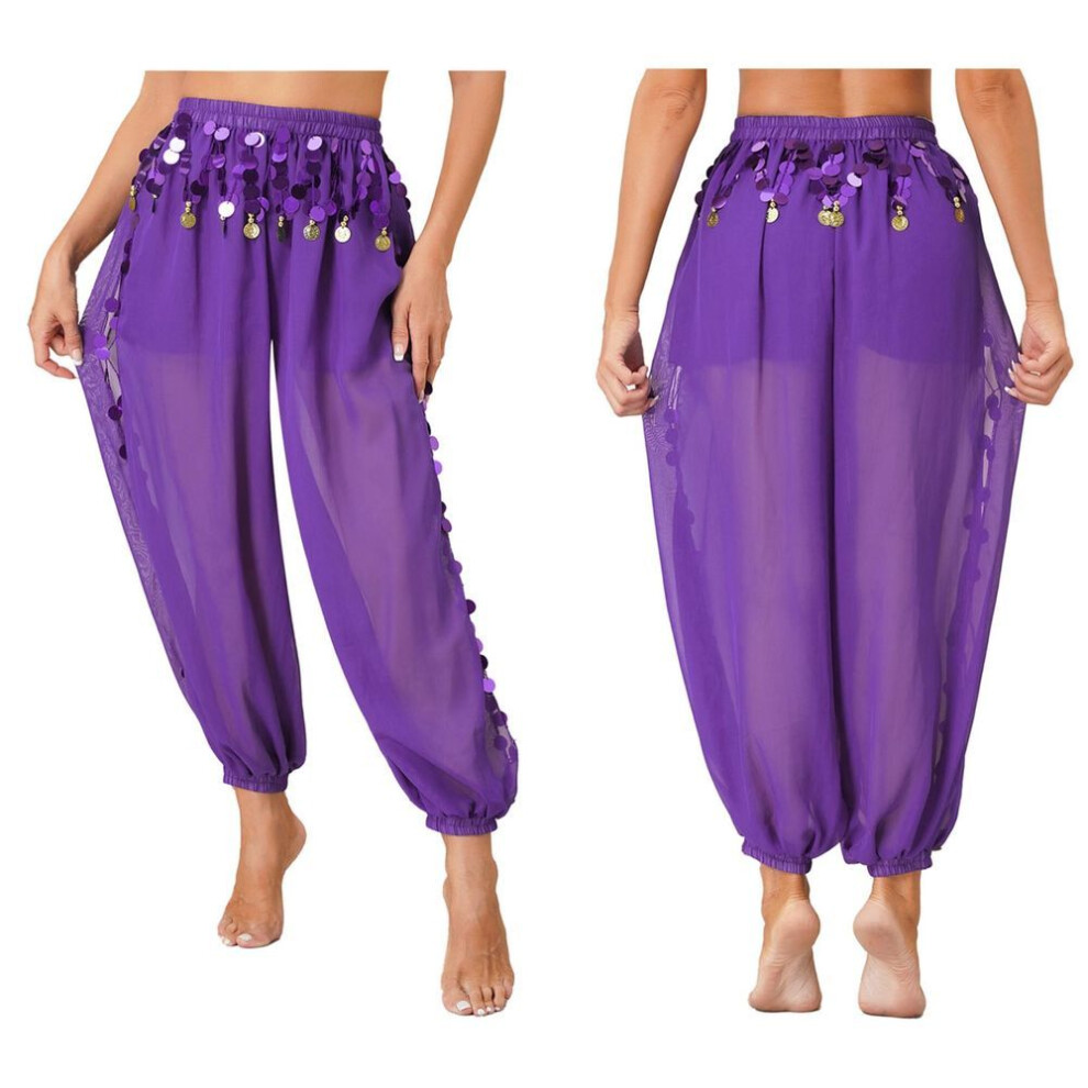 (purple, One Size) Womens Belly Dance Chiffon Coins Lantern Pants Shiny Side Split Harem Trousers Halloween Fancy Pant